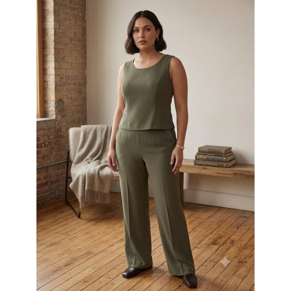 Kasper‎ Olive Green Sleeveless Top and Trousers Pant Suit Set Size 12 Minimalist
